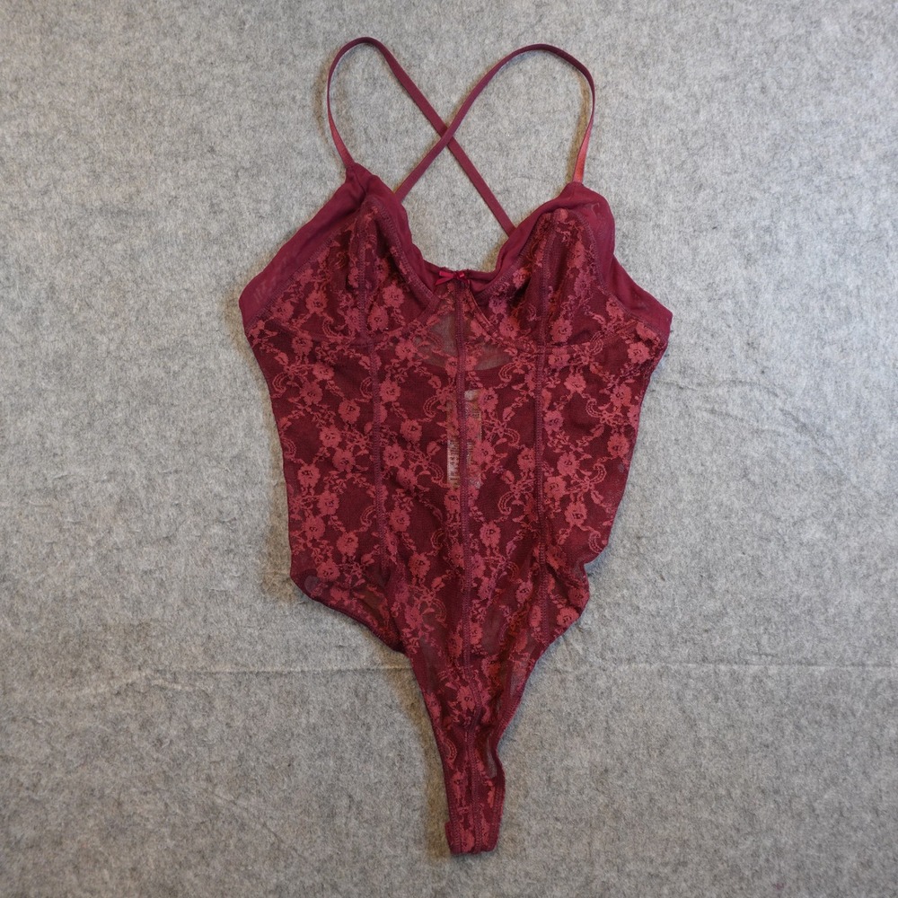Free People Bodysuit Women Small Maroon Intimately Runaway‎ Lace Strappy Sheer